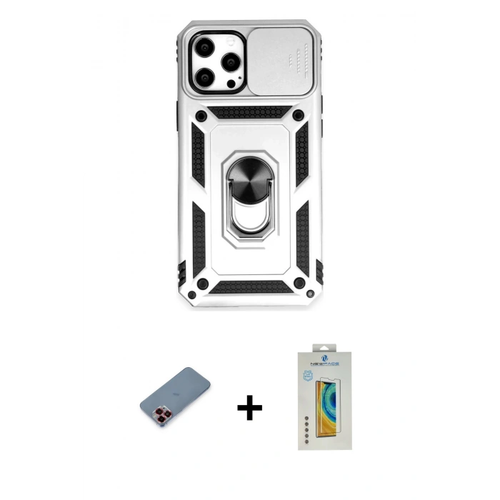 MARSİLYAN™- iPhone 12 Pro Max Kılıf Ahenk Klasik - Siyah Polymer Nano Ekran Koruyucu + Metal Kamera Lens Koruma Cam - KI