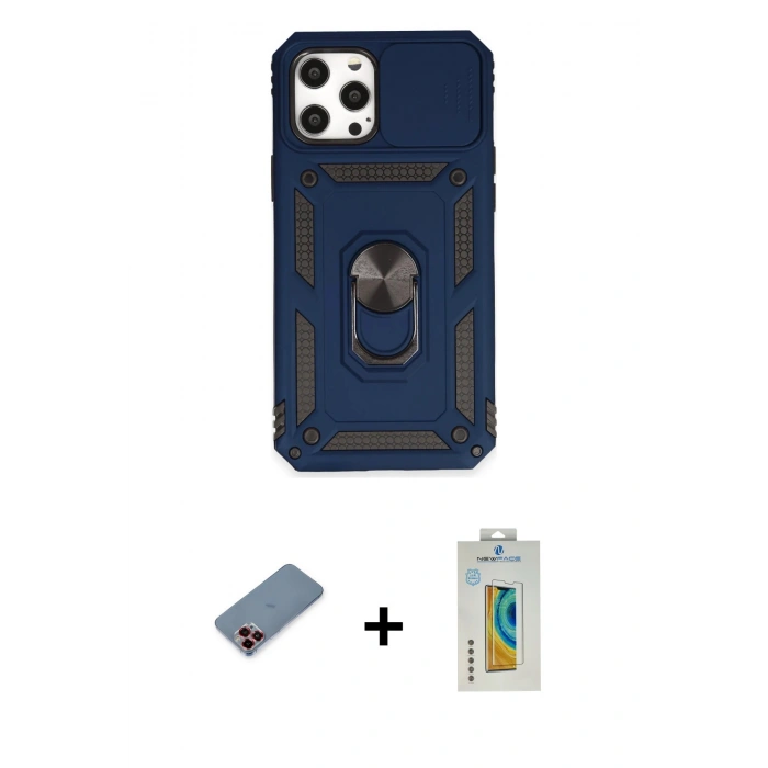 MARSİLYAN™- iPhone 12 Pro Max Kılıf Ahenk Klasik - Siyah Polymer Nano Ekran Koruyucu + Metal Kamera Lens Koruma Cam - KI