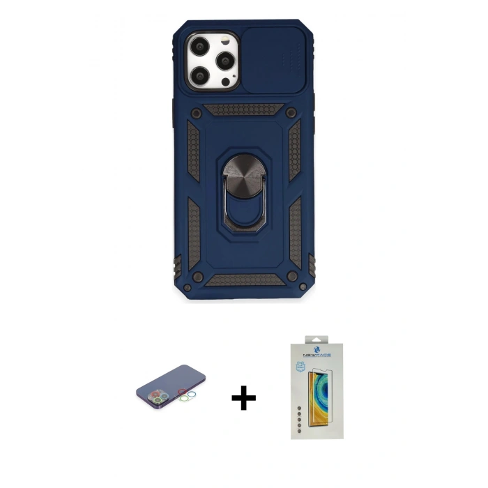 MARSİLYAN™- iPhone 12 Pro Max Kılıf Ahenk Klasik - Siyah Polymer Nano Ekran Koruyucu + Renkli Kamera Lens Koruma Cam - MI