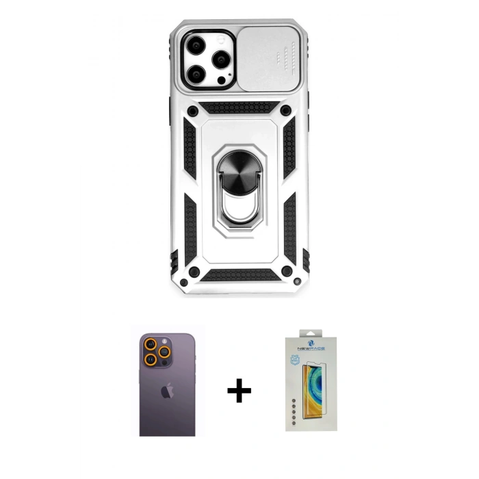 MARSİLYAN™- iPhone 12 Pro Max Kılıf Ahenk Klasik - Siyah Polymer Nano Ekran Koruyucu + Neon Fosforlu Kamera Lens - SI