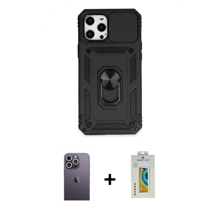 MARSİLYAN™- iPhone 12 Pro Max Kılıf Ahenk Klasik - Siyah Polymer Nano Ekran Koruyucu + Neon Fosforlu Kamera Lens - BZ