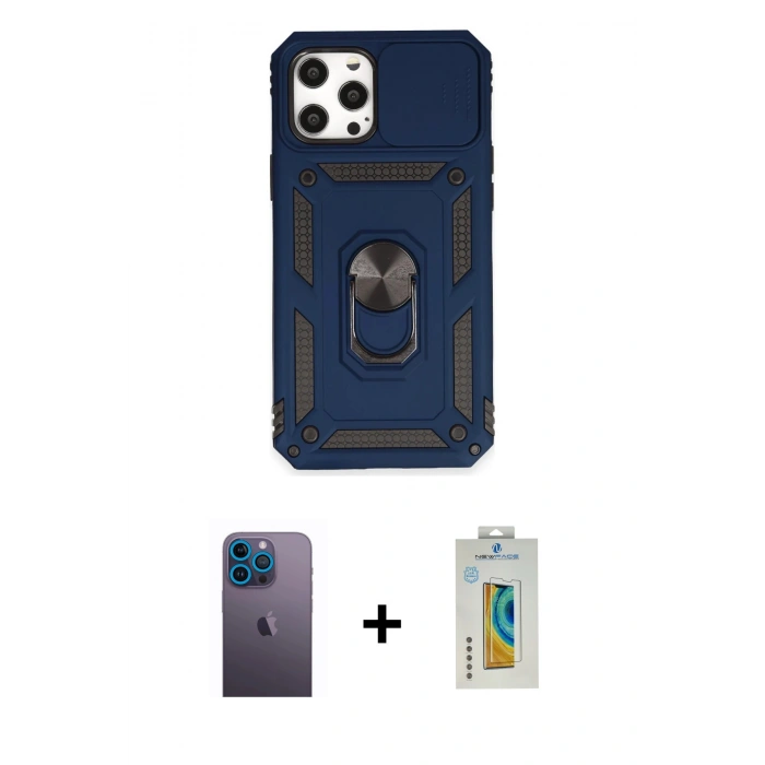 MARSİLYAN™- iPhone 12 Pro Max Kılıf Ahenk Klasik - Siyah Polymer Nano Ekran Koruyucu + Neon Fosforlu Kamera Lens - MI