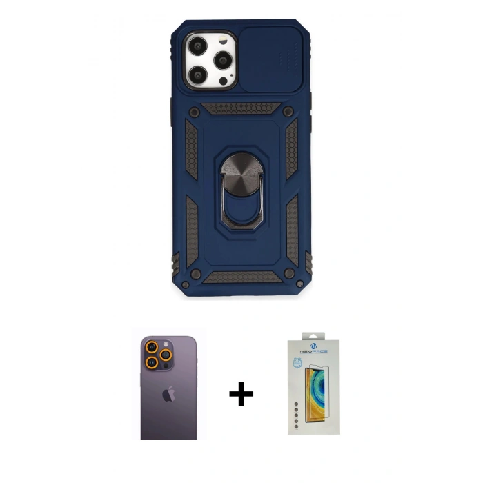 MARSİLYAN™- iPhone 12 Pro Max Kılıf Ahenk Klasik - Siyah Polymer Nano Ekran Koruyucu + Neon Fosforlu Kamera Lens - SI