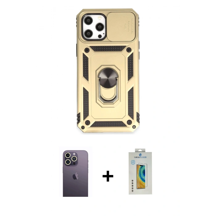 MARSİLYAN™- iPhone 12 Pro Max Kılıf Ahenk Klasik - Siyah Polymer Nano Ekran Koruyucu + Neon Fosforlu Kamera Lens - BZ