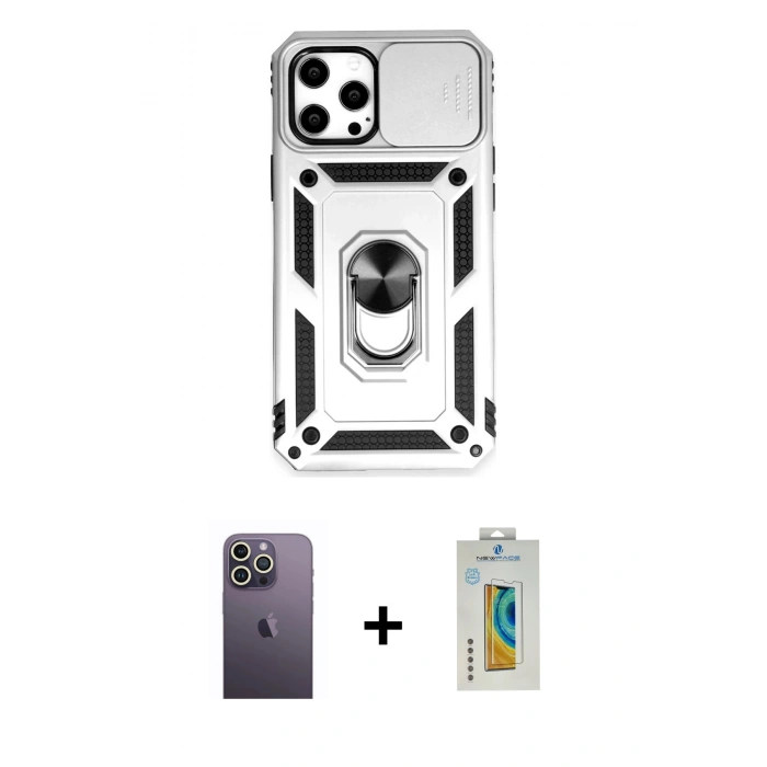 MARSİLYAN™- iPhone 12 Pro Max Kılıf Ahenk Klasik - Siyah Polymer Nano Ekran Koruyucu + Neon Fosforlu Kamera Lens - BZ