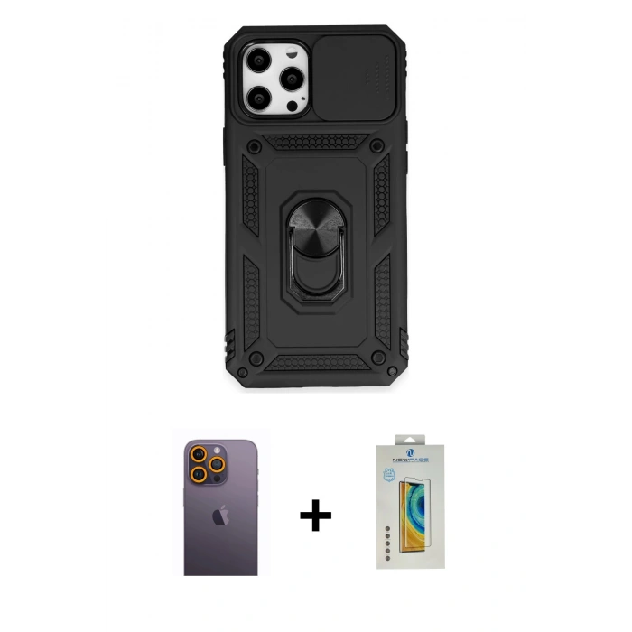 MARSİLYAN™- iPhone 12 Pro Max Kılıf Ahenk Klasik - Siyah Polymer Nano Ekran Koruyucu + Neon Fosforlu Kamera Lens - SI