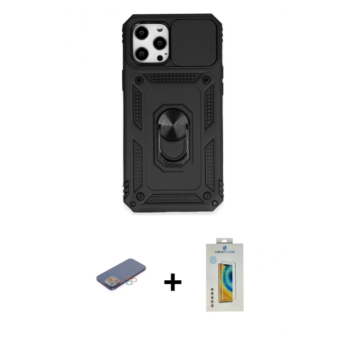 MARSİLYAN™- iPhone 12 Pro Max Kılıf Ahenk Klasik - Siyah Polymer Nano Ekran Koruyucu + Pembe Renkli Kamera Lens Koruma Cam