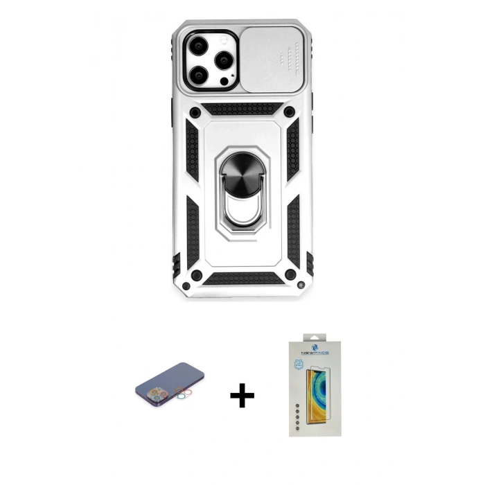 MARSİLYAN™- iPhone 12 Pro Max Kılıf Ahenk Klasik - Siyah Polymer Nano Ekran Koruyucu + Pembe Renkli Kamera Lens Koruma Cam