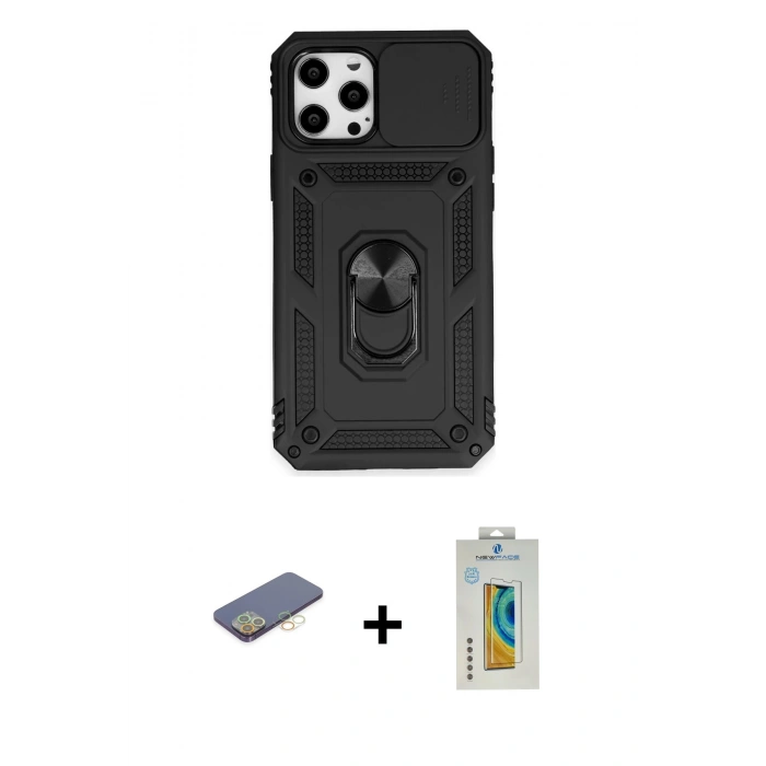 MARSİLYAN™- iPhone 12 Pro Max Kılıf Ahenk Klasik - Siyah Polymer Nano Ekran Koruyucu + Renkli Kamera Lens Koruma Cam - SI