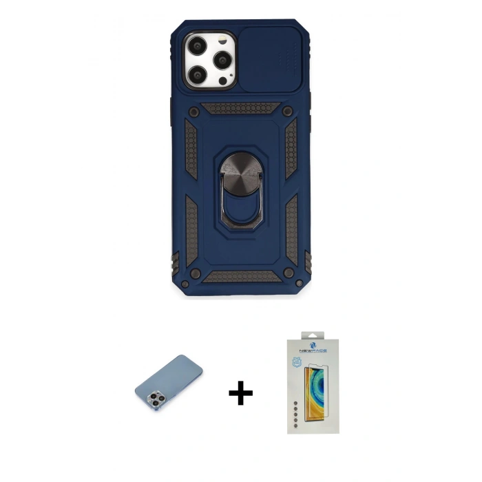 MARSİLYAN™- iPhone 12 Pro Max Kılıf Ahenk Klasik - Siyah Polymer Nano Ekran Koruyucu + Shine Kamera Lens Koruma Cam - GI