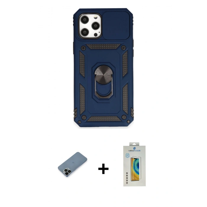 MARSİLYAN™- iPhone 12 Pro Max Kılıf Ahenk Klasik - Siyah Polymer Nano Ekran Koruyucu + Shine Kamera Lens Koruma Cam - SH
