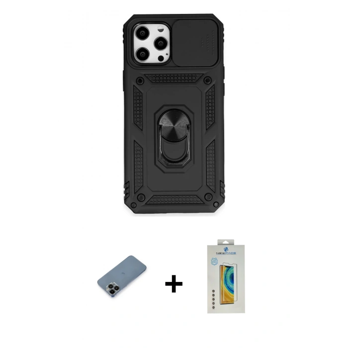 MARSİLYAN™- iPhone 12 Pro Max Kılıf Ahenk Klasik - Siyah Polymer Nano Ekran Koruyucu + Shine Kamera Lens Koruma Cam - SH