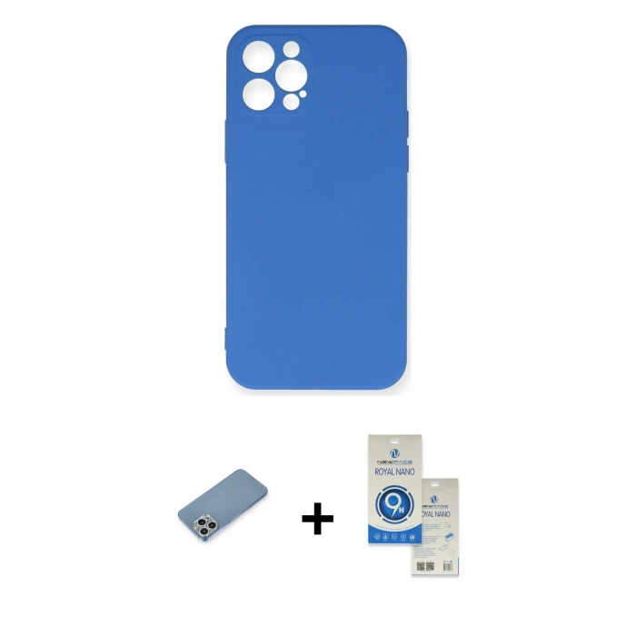 MARSİLYAN™- iPhone 12 Pro Max Kılıf Ahenk Serisi - Şeffaf Royal Nano Ekran Koruyucu + Gümüş Shine Kamera Lens Koruma Cam