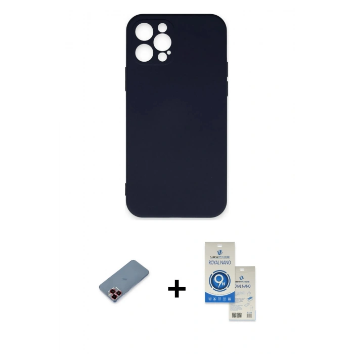MARSİLYAN™- iPhone 12 Pro Max Kılıf Ahenk Serisi - Şeffaf Royal Nano Ekran Koruyucu + Metal Kamera Lens Koruma Cam - KI