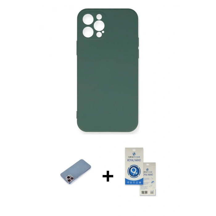 MARSİLYAN™- iPhone 12 Pro Max Kılıf Ahenk Serisi - Şeffaf Royal Nano Ekran Koruyucu + Shine Kamera Lens Koruma Cam - PE
