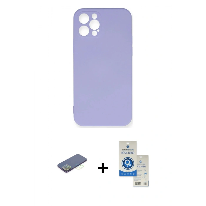 MARSİLYAN™- iPhone 12 Pro Max Kılıf Ahenk Serisi - Şeffaf Royal Nano Ekran Koruyucu + Renkli Kamera Lens Koruma Cam - YL