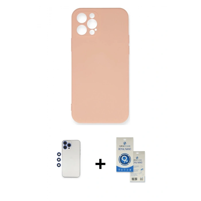 MARSİLYAN™- iPhone 12 Pro Max Kılıf Ahenk Serisi - Şeffaf Royal Nano Ekran Koruyucu + Shine Kamera Lens - LT