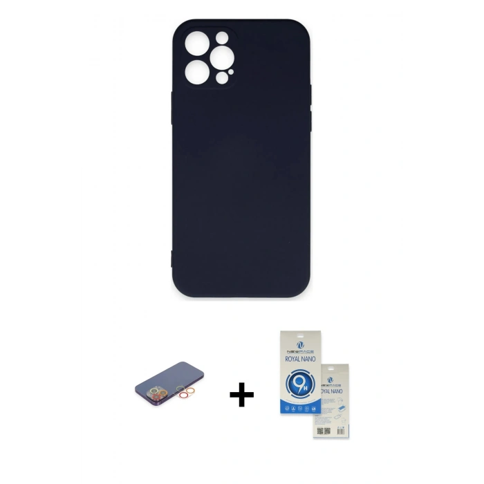 MARSİLYAN™- iPhone 12 Pro Max Kılıf Ahenk Serisi - Şeffaf Royal Nano Ekran Koruyucu + Renkli Kamera Lens Koruma Cam - TU