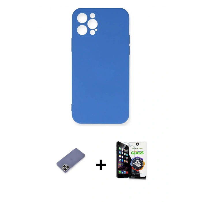MARSİLYAN™- iPhone 12 Pro Max Kılıf Ahenk Serisi - Şeffaf Temperli Cam Ekran Koruyucu + Metal Kamera Lens Koruma Cam - GD