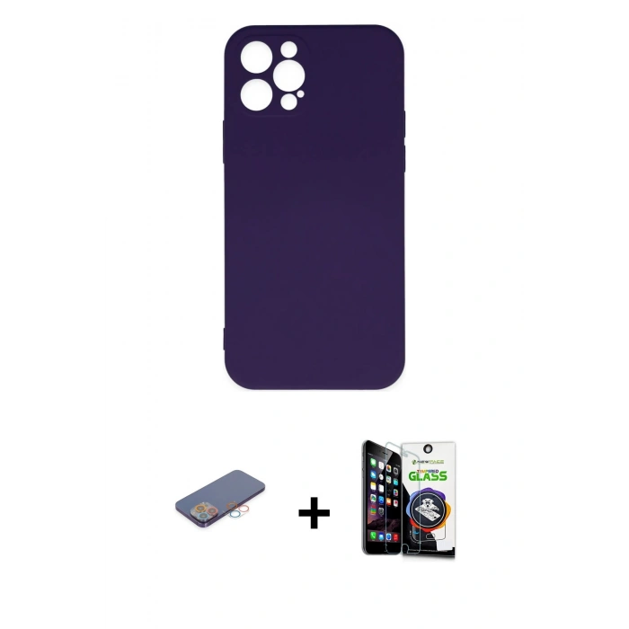 MARSİLYAN™- iPhone 12 Pro Max Kılıf Ahenk Serisi - Şeffaf Temperli Cam Ekran Koruyucu + Renkli Kamera Lens Koruma Cam - PE