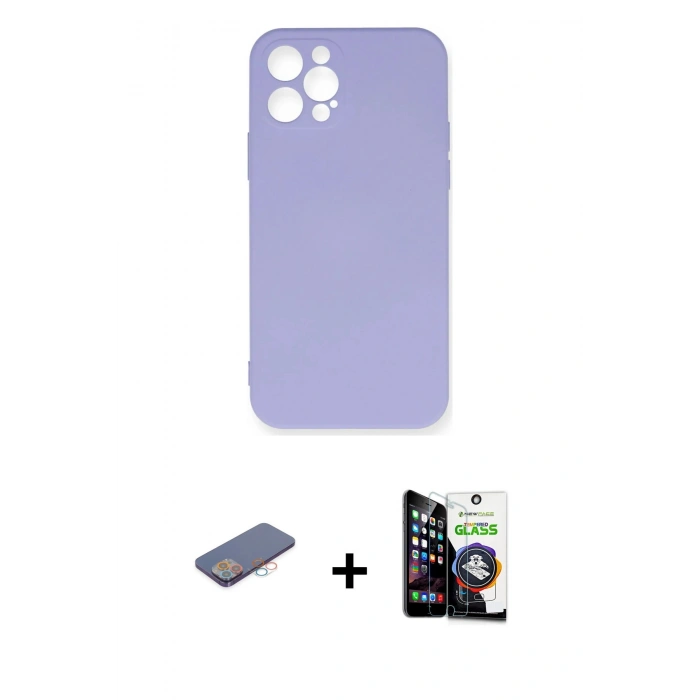 MARSİLYAN™- iPhone 12 Pro Max Kılıf Ahenk Serisi - Şeffaf Temperli Cam Ekran Koruyucu + Renkli Kamera Lens Koruma Cam - PE