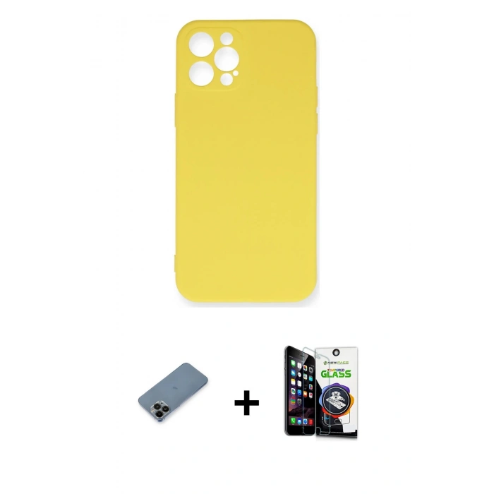 MARSİLYAN™- iPhone 12 Pro Max Kılıf Ahenk Serisi - Şeffaf Temperli Cam Ekran Koruyucu + Siyah Shine Kamera Lens Koruma Cam