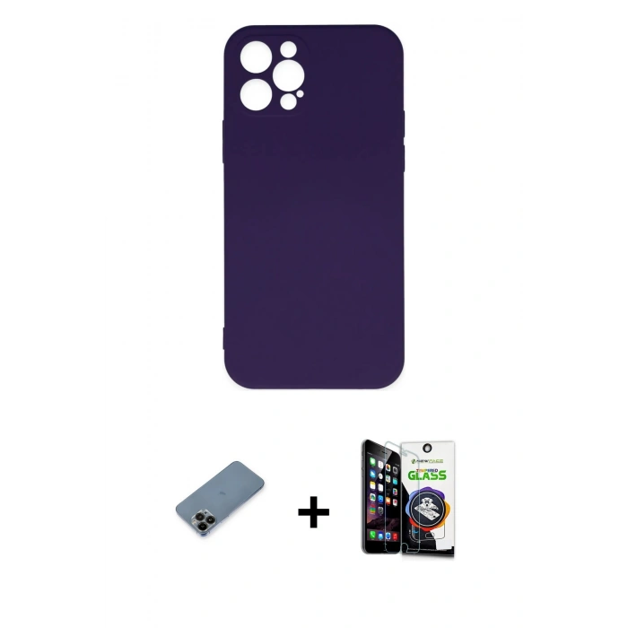 MARSİLYAN™- iPhone 12 Pro Max Kılıf Ahenk Serisi - Şeffaf Temperli Cam Ekran Koruyucu + Siyah Shine Kamera Lens Koruma Cam