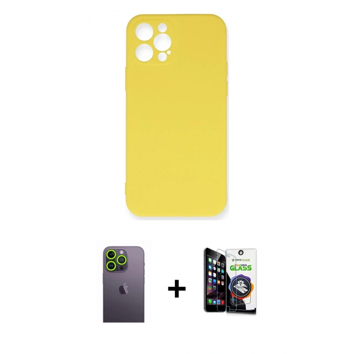 MARSİLYAN™- iPhone 12 Pro Max Kılıf Ahenk Serisi - Şeffaf Temperli Cam Ekran Koruyucu + Neon Fosforlu Kamera Lens - YL