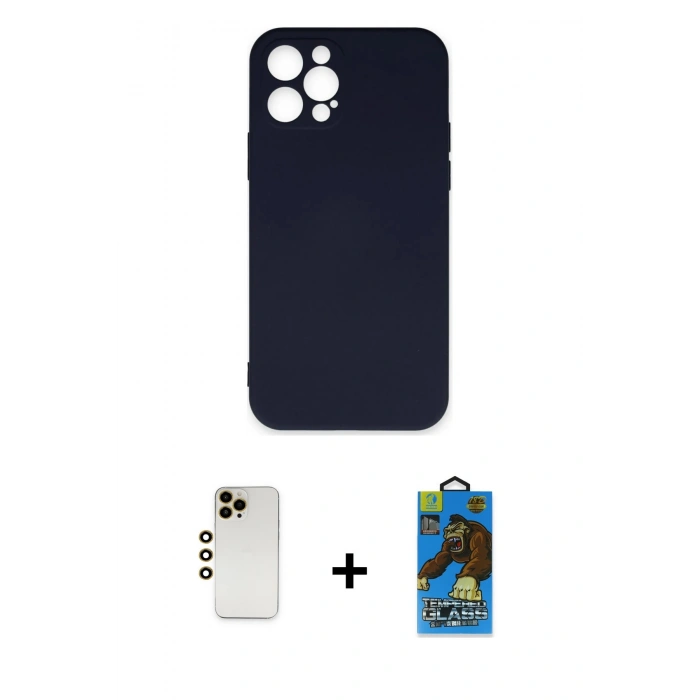 MARSİLYAN™- iPhone 12 Pro Max Kılıf Ahenk Serisi - Siyah 18D Cam Ekran Koruyucu + Shine Kamera Lens - GD