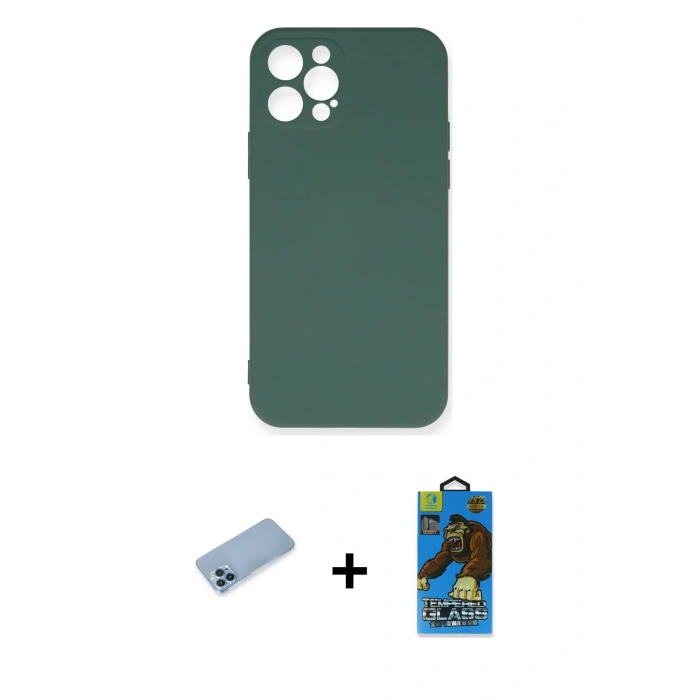 MARSİLYAN™- iPhone 12 Pro Max Kılıf Ahenk Serisi - Siyah 18D Cam Ekran Koruyucu + Shine Kamera Lens Koruma Cam - MI