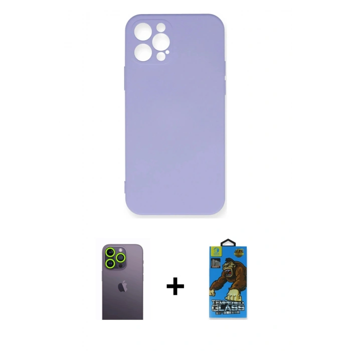 MARSİLYAN™- iPhone 12 Pro Max Kılıf Ahenk Serisi - Siyah 18D Cam Ekran Koruyucu + Neon Fosforlu Kamera Lens - YL