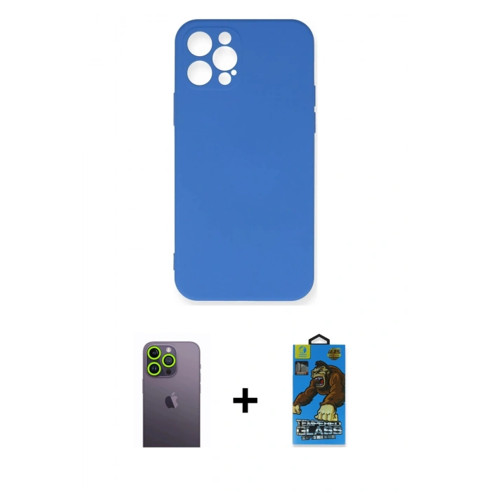 MARSİLYAN™- iPhone 12 Pro Max Kılıf Ahenk Serisi - Siyah 18D Cam Ekran Koruyucu + Neon Fosforlu Kamera Lens - YL