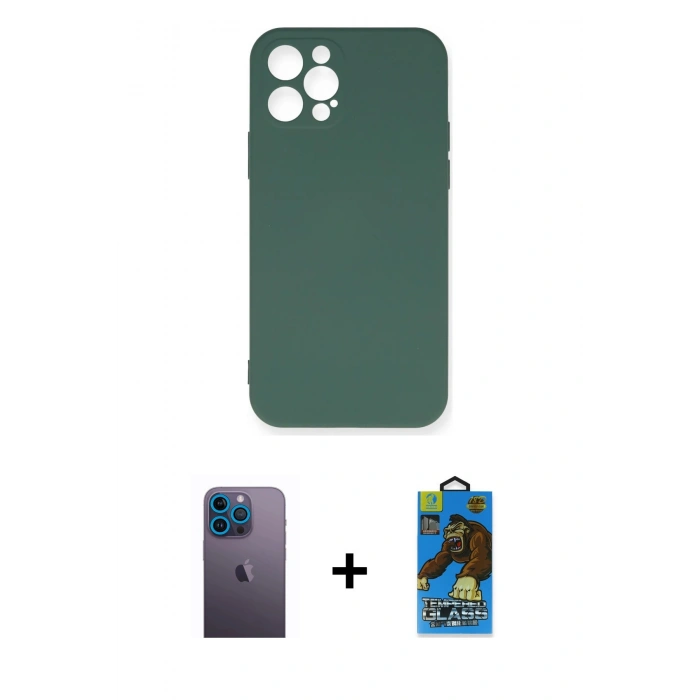 MARSİLYAN™- iPhone 12 Pro Max Kılıf Ahenk Serisi - Siyah 18D Cam Ekran Koruyucu + Neon Fosforlu Kamera Lens - MI