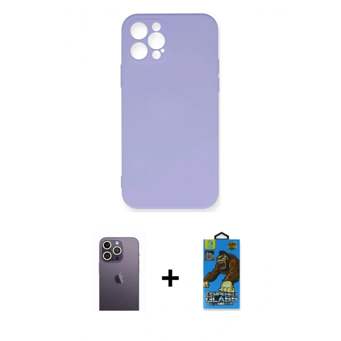 MARSİLYAN™- iPhone 12 Pro Max Kılıf Ahenk Serisi - Siyah 18D Cam Ekran Koruyucu + Neon Fosforlu Kamera Lens - BZ