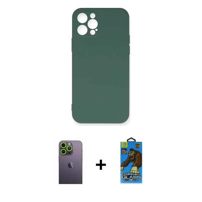 MARSİLYAN™- iPhone 12 Pro Max Kılıf Ahenk Serisi - Siyah 18D Cam Ekran Koruyucu + Neon Fosforlu Kamera Lens - YL