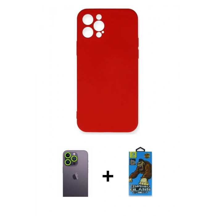 MARSİLYAN™- iPhone 12 Pro Max Kılıf Ahenk Serisi - Siyah 18D Cam Ekran Koruyucu + Neon Fosforlu Kamera Lens - YL