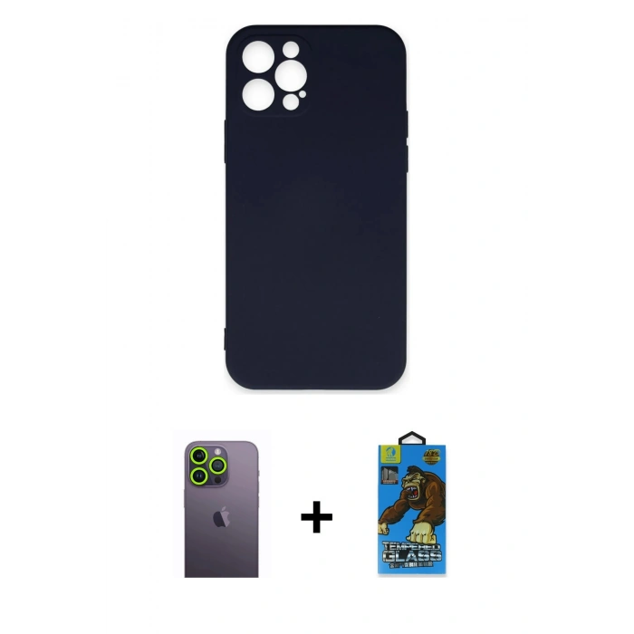 MARSİLYAN™- iPhone 12 Pro Max Kılıf Ahenk Serisi - Siyah 18D Cam Ekran Koruyucu + Neon Fosforlu Kamera Lens - YL