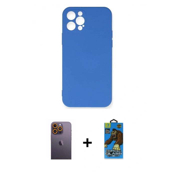 MARSİLYAN™- iPhone 12 Pro Max Kılıf Ahenk Serisi - Siyah 18D Cam Ekran Koruyucu + Neon Fosforlu Kamera Lens - SI