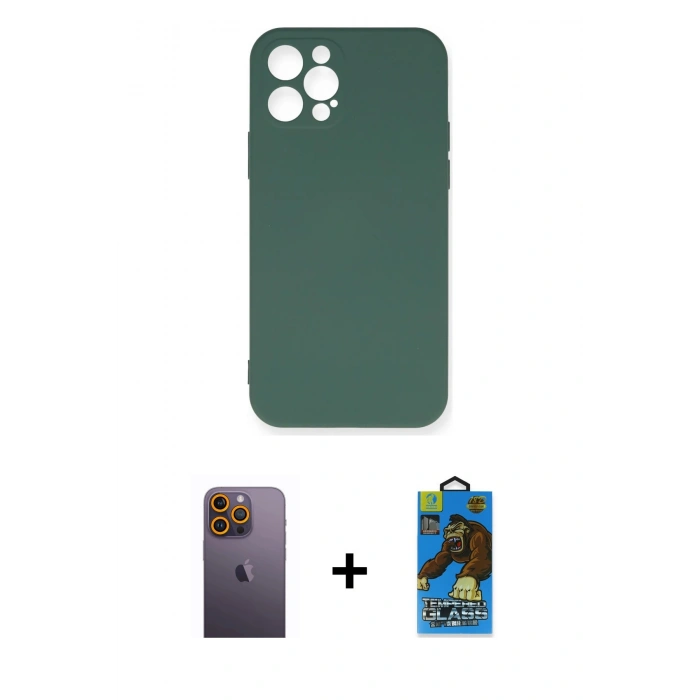 MARSİLYAN™- iPhone 12 Pro Max Kılıf Ahenk Serisi - Siyah 18D Cam Ekran Koruyucu + Neon Fosforlu Kamera Lens - SI