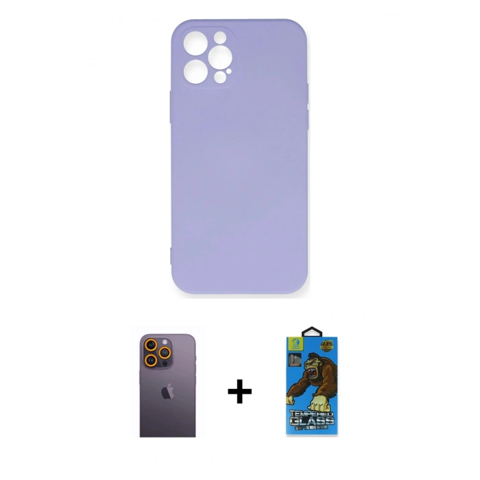 MARSİLYAN™- iPhone 12 Pro Max Kılıf Ahenk Serisi - Siyah 18D Cam Ekran Koruyucu + Neon Fosforlu Kamera Lens - SI