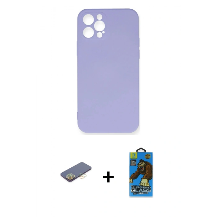 MARSİLYAN™- iPhone 12 Pro Max Kılıf Ahenk Serisi - Siyah 18D Cam Ekran Koruyucu + Renkli Kamera Lens Koruma Cam - SI