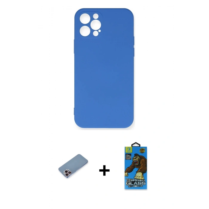 MARSİLYAN™- iPhone 12 Pro Max Kılıf Ahenk Serisi - Siyah 18D Cam Ekran Koruyucu + Shine Kamera Lens Koruma Cam - PE