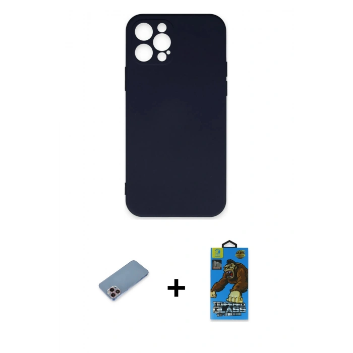 MARSİLYAN™- iPhone 12 Pro Max Kılıf Ahenk Serisi - Siyah 18D Cam Ekran Koruyucu + Shine Kamera Lens Koruma Cam - PE