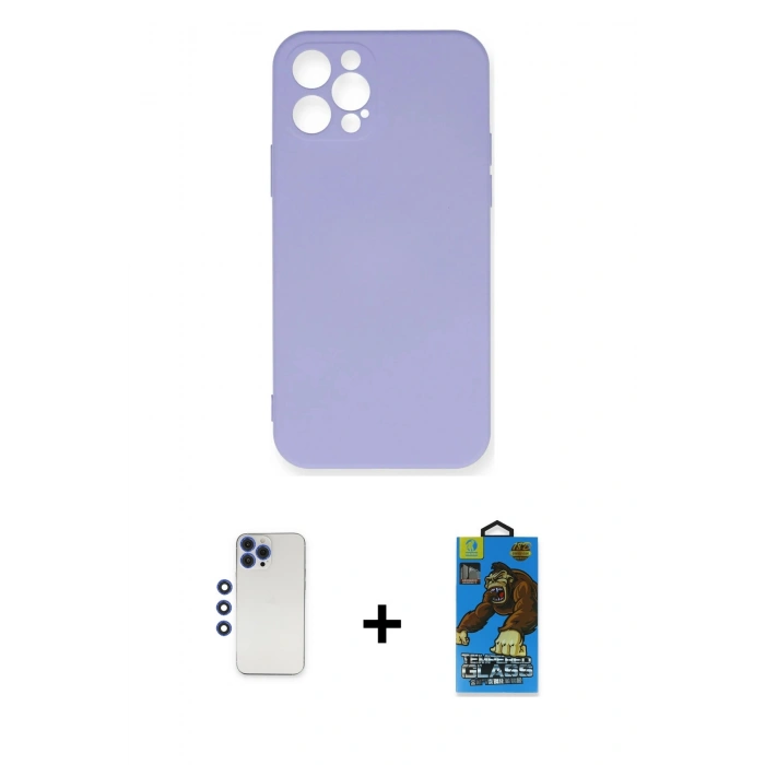 MARSİLYAN™- iPhone 12 Pro Max Kılıf Ahenk Serisi - Siyah 18D Cam Ekran Koruyucu + Shine Kamera Lens - LT