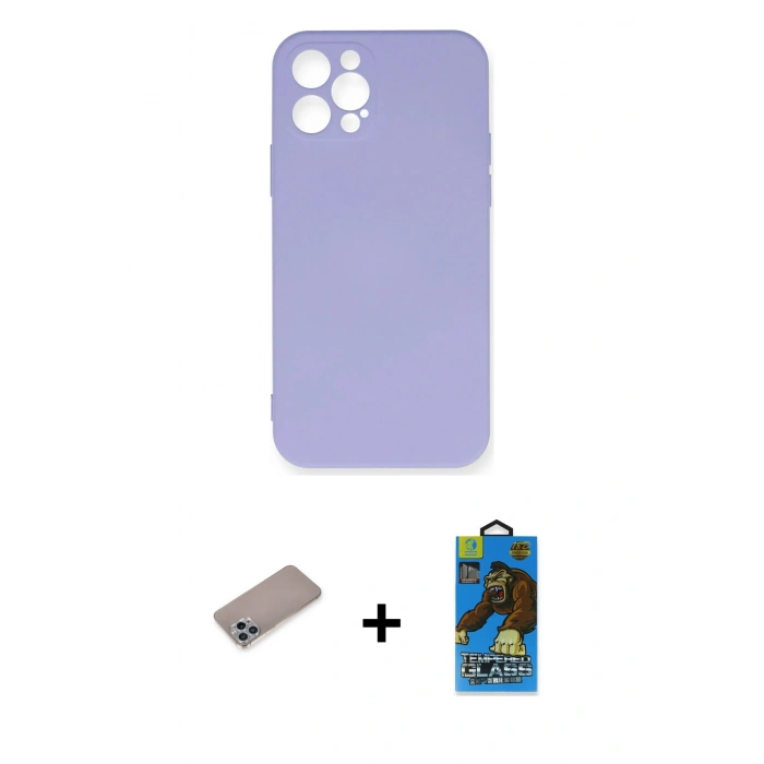 MARSİLYAN™- iPhone 12 Pro Max Kılıf Ahenk Serisi - Siyah 18D Cam Ekran Koruyucu + Sierra Blue Shine Kamera Lens Koruma Cam