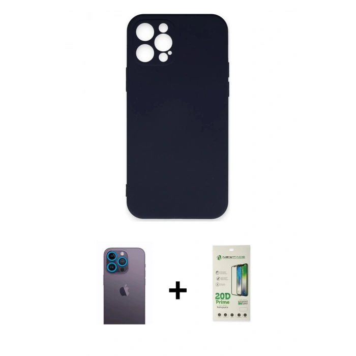 MARSİLYAN™- iPhone 12 Pro Max Kılıf Ahenk Serisi - Siyah 20D Premium Cam Ekran Koruyucu + Neon Fosforlu Kamera Lens - MI