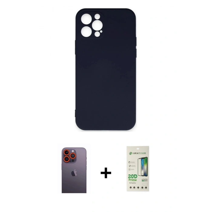 MARSİLYAN™- iPhone 12 Pro Max Kılıf Ahenk Serisi - Siyah 20D Premium Cam Ekran Koruyucu + Neon Fosforlu Kamera Lens - TU