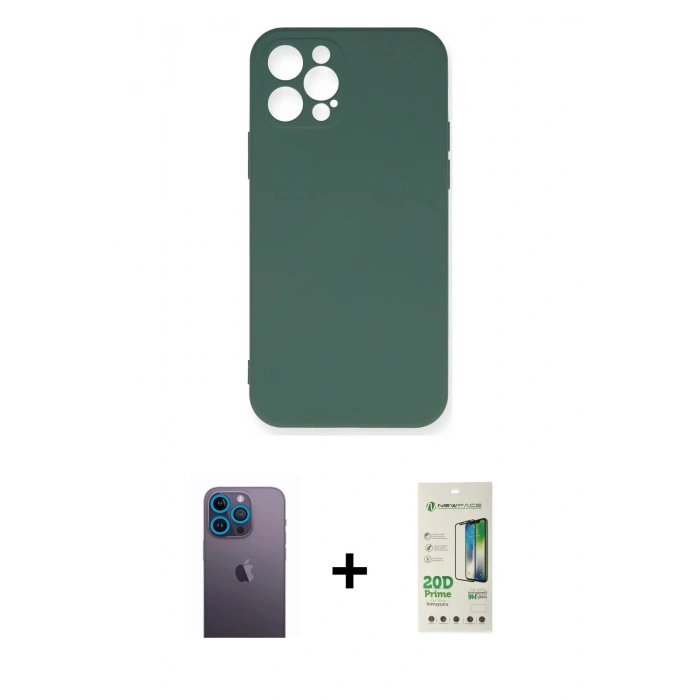MARSİLYAN™- iPhone 12 Pro Max Kılıf Ahenk Serisi - Siyah 20D Premium Cam Ekran Koruyucu + Neon Fosforlu Kamera Lens - MI