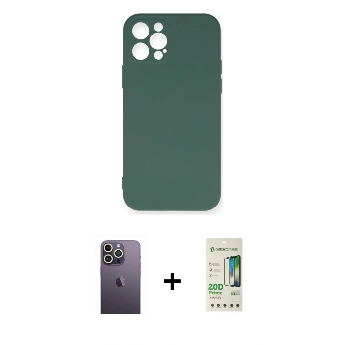 MARSİLYAN™- iPhone 12 Pro Max Kılıf Ahenk Serisi - Siyah 20D Premium Cam Ekran Koruyucu + Neon Fosforlu Kamera Lens - BZ