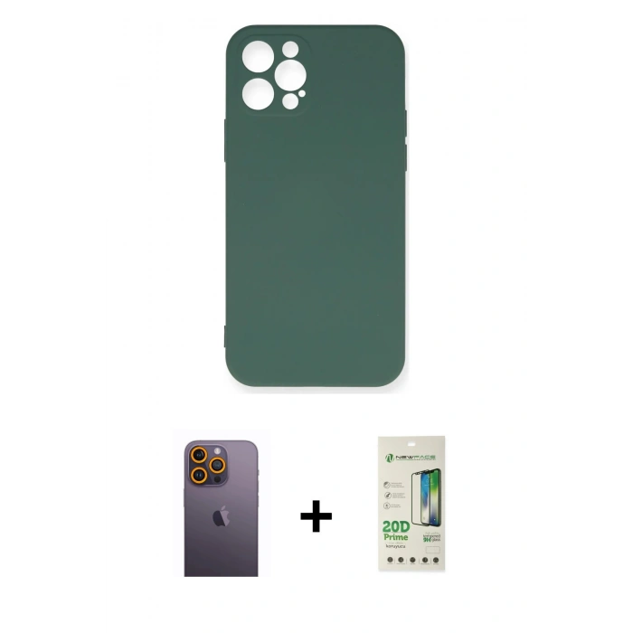 MARSİLYAN™- iPhone 12 Pro Max Kılıf Ahenk Serisi - Siyah 20D Premium Cam Ekran Koruyucu + Neon Fosforlu Kamera Lens - SI